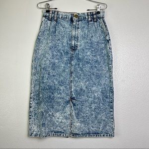 SOLD Vintage 80s 1980s Acid Wash Midi Denim Jean Skirt Pockets Vtg Size 10